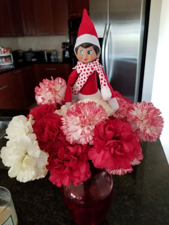 Elf on shelf in flowers